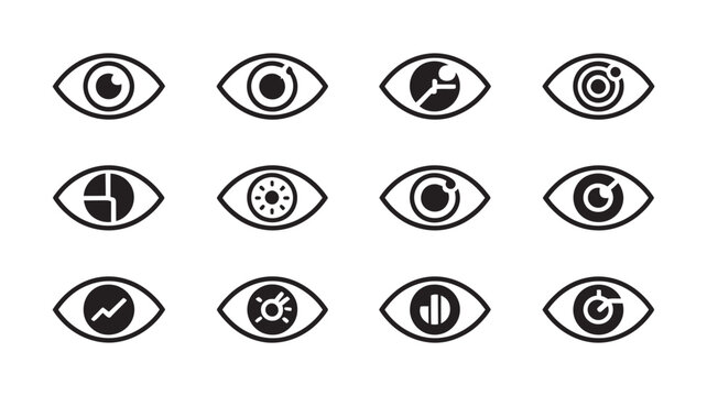 Collection of twelve eye-shaped graphic icons representing various data visualization and analytical tools with analysis