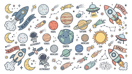Cute Space Objects and Astronauts Doodle Illustration © titis