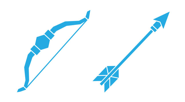 Stylized blue graphic icon set featuring an archery bow and an arrow positioned for hunting or target sports recreation competition precision activity equipment fletching
