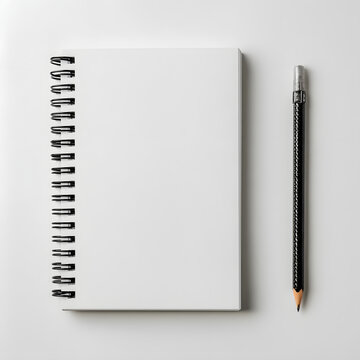 White spiral notebook and pencil elements on a plain background; elements for stationery product advertisements.
