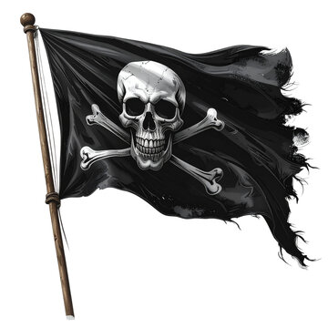 Jolly Roger Pirate Skull and Crossbones Flag Isolated Vintage Black Gothic Death Symbol with Skeleton Bones Design on White Background