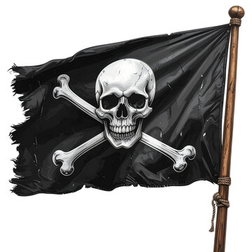 Jolly Roger Pirate Skull and Crossbones Flag Isolated Vintage Black Gothic Death Symbol with Skeleton Bones Design on White Background