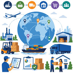 Obraz premium Global Logistics Supply Chain and International Shipping Flat Vector Illustration