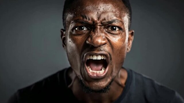 Angry African American Man Shouting in Rage Close-up