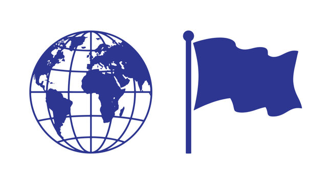 Blue silhouette icon featuring a world globe and a flag on pole international geography diplomacy business silhouette worldview location exploration politics corporate