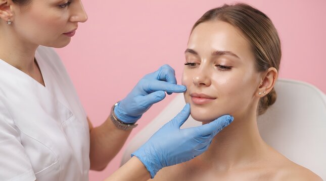 Aesthetic doctor examining patient face before cosmetic skin treatment