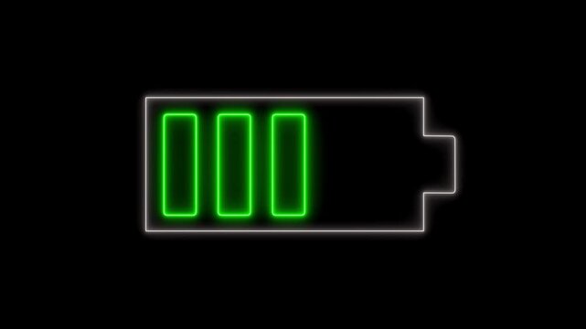 Neon glowing battery icon. Charger, running from red low to green full cell phone battery.