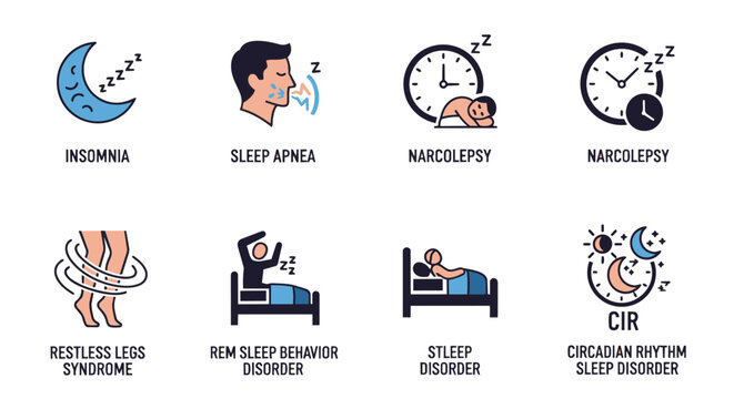 Collection of clean, minimalist vector icons representing various sleep disorders in calming blue and warm orange hues, featuring simple shapes and clear lines for easy