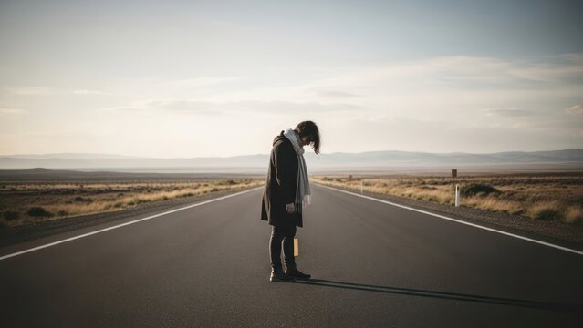 Lonely person standing on an empty highway looking down