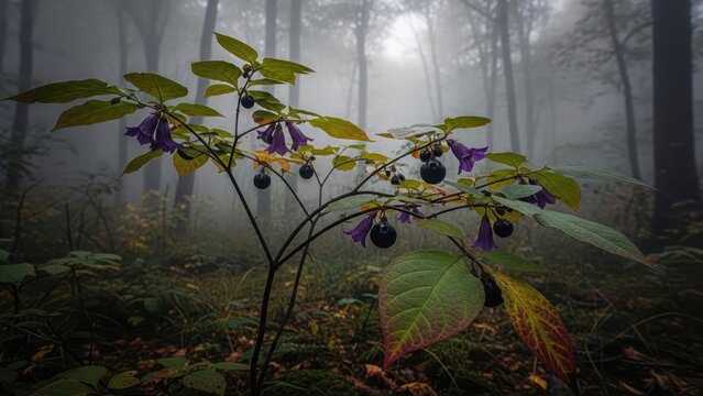 Deadly nightshade plant with purple flowers and dark berries in a foggy forest.