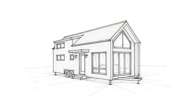 Architectural line drawing of a modern tiny house on wheels