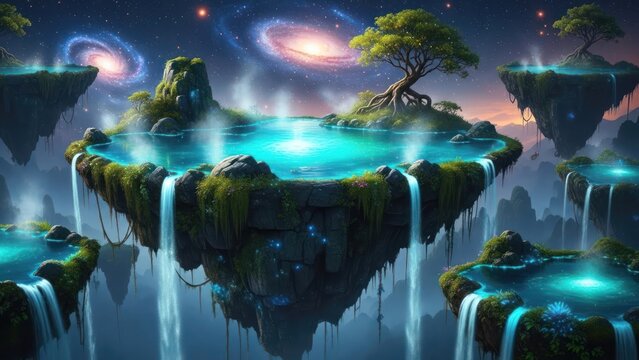 Floating fantasy island with luminous waterfalls under a cosmic starry sky