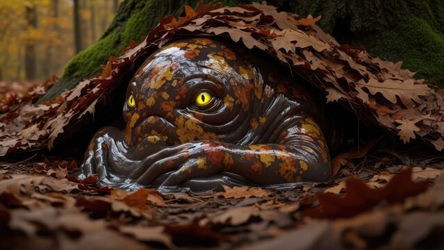 Fantasy swamp monster camouflaged under autumn leaves.
