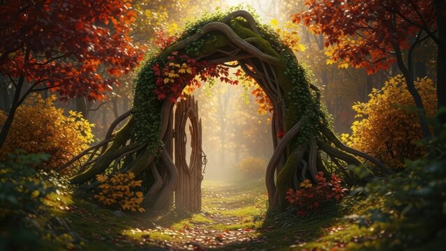 Magical wooden gate archway leading into a sunlit enchanted autumn forest