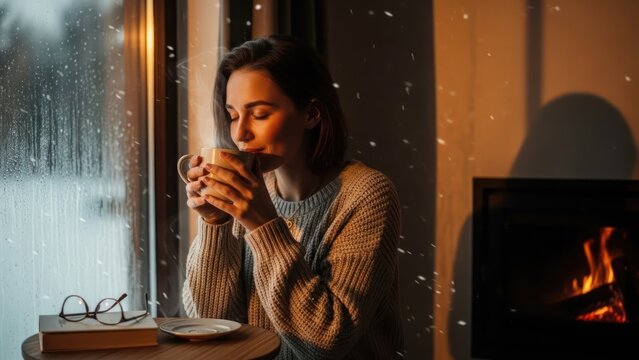 Woman enjoying a warm drink by the window on a cozy winter day.