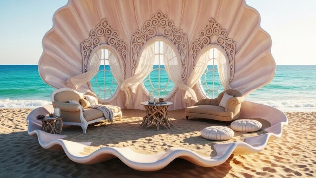 Luxurious seashell interior on a pristine beach with ocean views