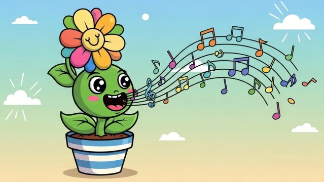 Happy Cartoon Flower Character Singing with Musical Notes