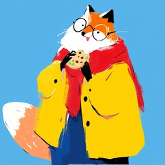 Fototapeta premium Cute fox wearing a yellow coat and scarf holding a chocolate chip cookie. Hand drawn illustration of a stylish animal character for greeting card, sticker, poster and print design.