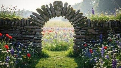 Fototapeta premium Stone archway opening to a beautiful wildflower meadow.