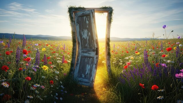 An old weathered door opens to a vibrant wildflower meadow bathed in sunlight.