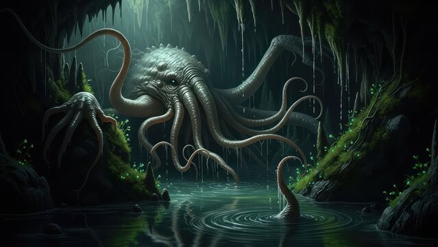 Eldritch horror creature emerges from a dark, mysterious cave lake.