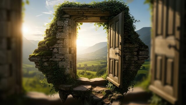 An open stone portal floating in the sky overlooking a sunlit valley.