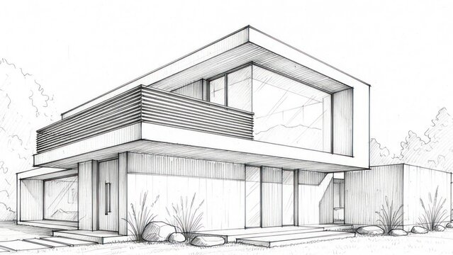 Hand-drawn architectural sketch of a modern minimalist house