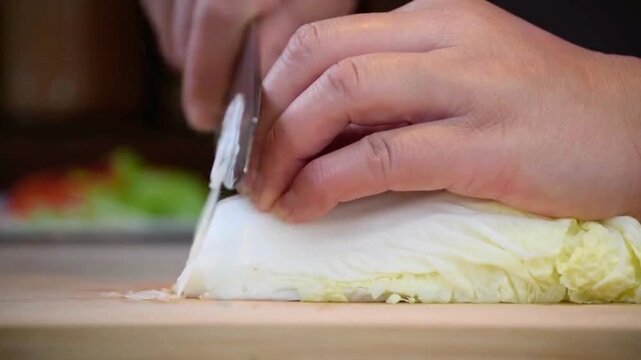 Hand-chopping raw Chinese cabbage with a sharp knife for healthy meal preparation