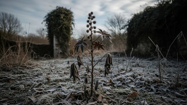 Frosted castor bean plant in a frozen winter field.