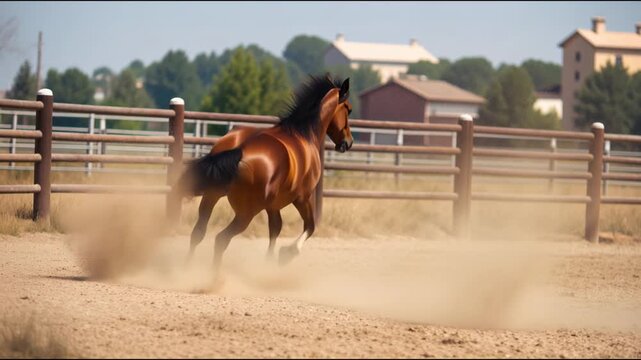 Beautiful brown stallion running freely and powerfully in a dusty farm paddock during a sunny day