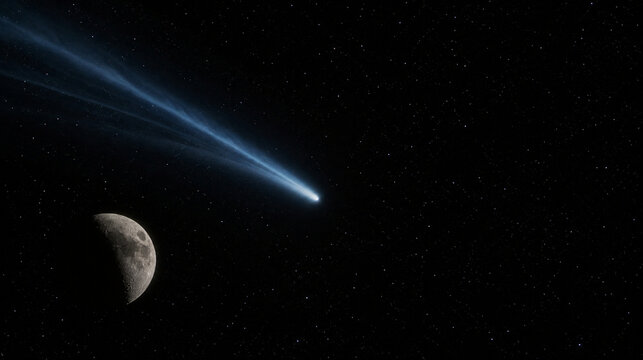 Comet above a Half-Lit Moon
