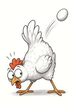 unny cartoon illustration of a startled white chicken laying an egg, featuring an exaggerated expression and dynamic motion on a white background.