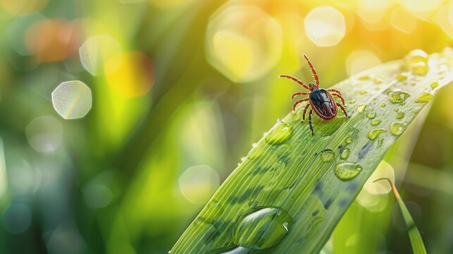 Close-up of tick on leaf with dew drops.