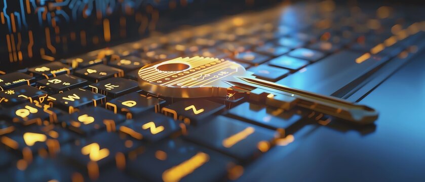 Digital key on a computer keyboard glows vividly.