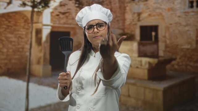 Chef woman holding spatula flips middle finger in a sunlit stone building courtyard; defiance attitude.