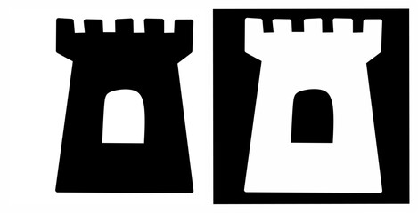 Minimal castle tower icon in positive and negative styles. Solid vector symbol for fortress, defense, medieval architecture and strategy games. © Akmalmm 