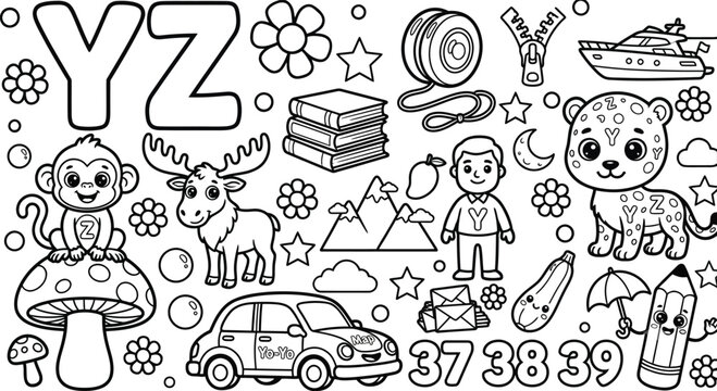 Yz letter alphabet educational coloring page with cute animal characters and objects to color in.