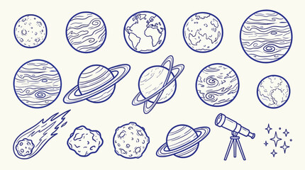 Collection of hand-drawn planets, celestial bodies, and a telescope, representing space exploration and astronomy. © zainab