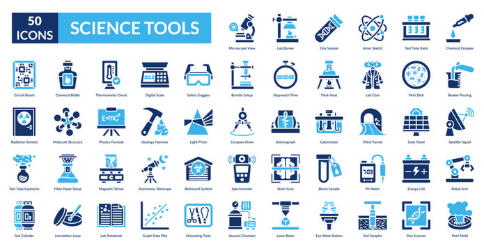 Science Tools Fill Icon Set. Microscope View, Lab Burner, Dna Sample, Atom Sketch, Test Tube Rack, Chemical Dropper, Beaker Pouring