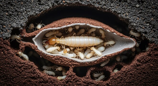 Close-up view of a termite colony with a queen and workers inside a nest structure.