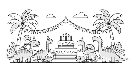 Dinosaur birthday party coloring page for kids © oky