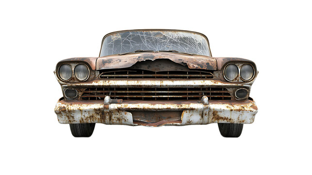 Front view of a vintage rusty brown car with a shattered windshield isolated on transparent background