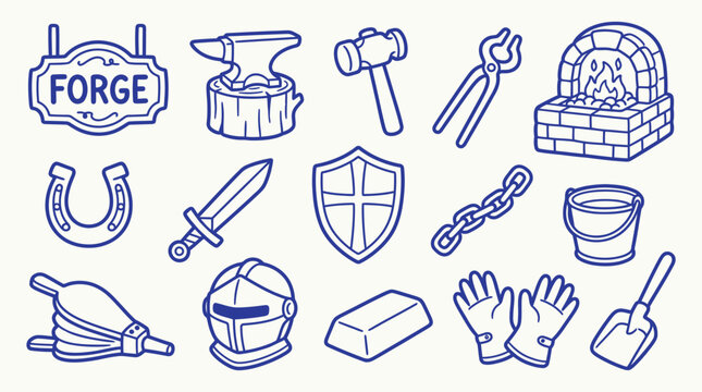Collection of Hand-Drawn Blacksmithing Tools and Equipment Icons.