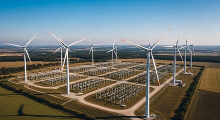 Fototapeta premium Expansive wind farm with numerous turbines and solar panels under a clear blue sky, representing clean energy generation.