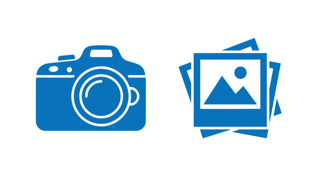 Blue camera icon and photo stack icon for photography applications with photography landscape interface collection software