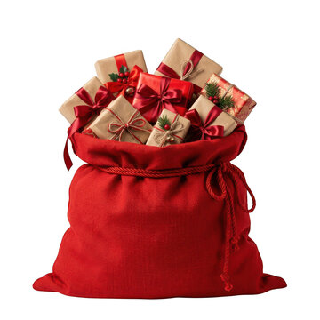 Red sack full of christmas gifts isolated on transparent background