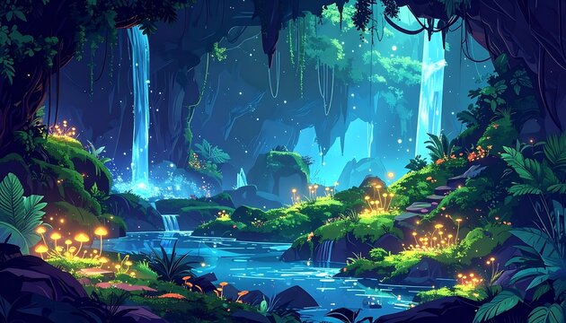 Mystical glowing cave with crystal formations and waterfall.
