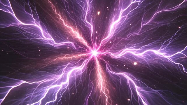 Purple and violet electric lightning radiates outward with dynamic motion and futuristic abstract visuals.