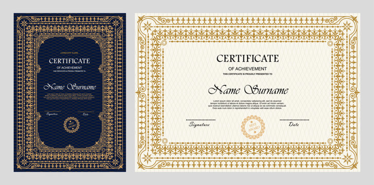 Vintage certificate of achievement template with horizontal, vertical layouts. Multipurpose retro design with ornate ornaments. Vector illustration for diploma, graduation, professional recognition