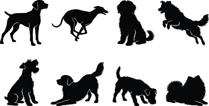 Dog breed silhouette collection featuring German Shepherd, Labrador, Husky, Mastiff, Border Collie, Pointer, Bernese Mountain Dog, Beagle designs